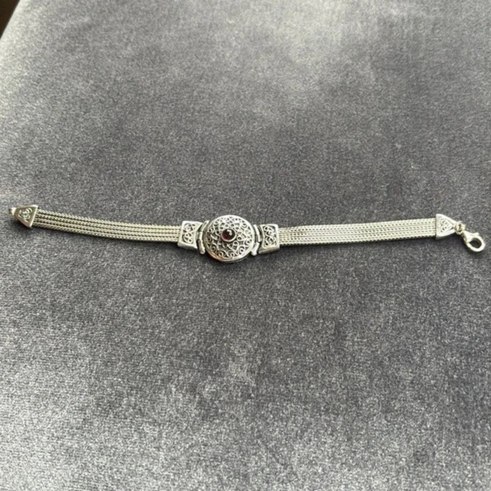 Vintage Sterling Silver 925 Filigree Heart Bracelet Red Garnet Gothic Boho
